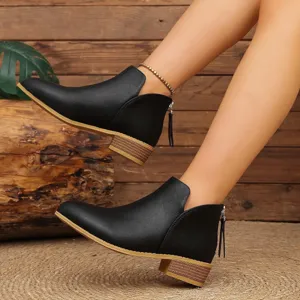 Bottes de Mode pour Femmes Style Britannique Couleur Unie Bout Pointu Décontracté Enfiler Talon Épais Bas Bottines
