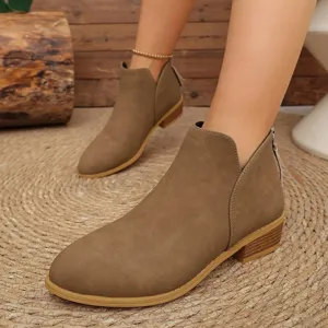 Bottines femme marron talon bas bloc imitation sude chaussures mode hiver automne casual