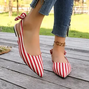 Red and white striped slingback flat shoes for women with pointed toe and cute bow detail.