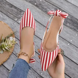 Red white striped pointed toe slingback flat shoes with bow summer casual women shoes