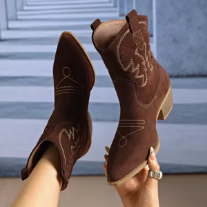 Brown suede western cowboy boots with embroidery detail, chunky heel, mid-calf length.