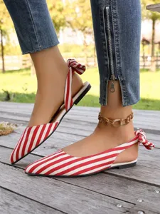 Red white striped pointed toe slingback flat shoes with cute back bow detail for summer wear.