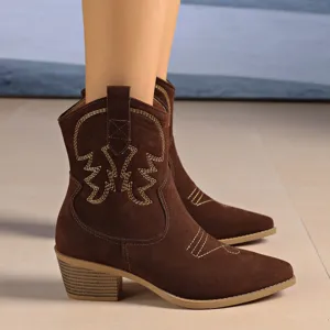 Detail shot of brown suede western cowboy boots with embroidered details and chunky block heel.