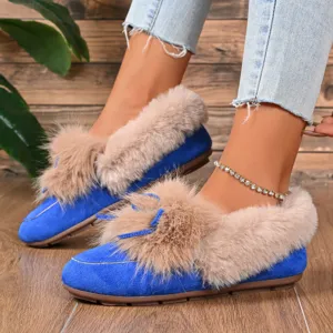 Winter warm fluffy flat shoes for women with plush collar and cute bow design detail.
