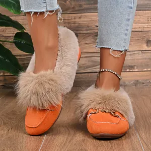 Femmes hiver orange chaussures plates fourrées confortables mocassins boucle métal