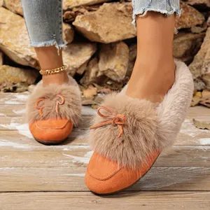 Winter plush fuzzy slip-on shoes warm orange flat loafers with cute bow detail casual footwear