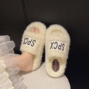 Ciabatte plateau soffici da donna, pantofole calde in eco-montone con lettere per inverno