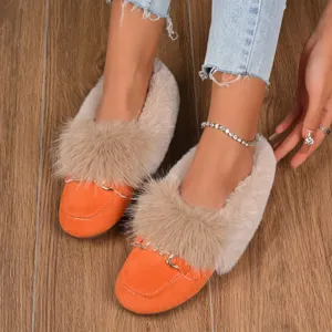 Femmes mocassins pelucheux confortables chaussures plates hiver chaud avec boucle métal