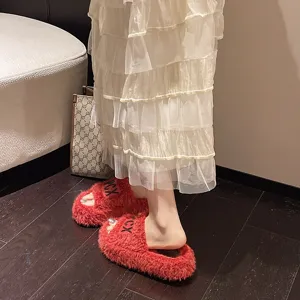 Pantofole pelose con suola spessa invernali da donna, sandali piatti lana agnello lettere casa.