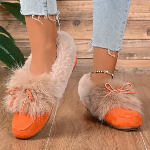 Furry flat shoes for women winter warm plush orange slip-on casual daily footwear new