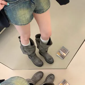 Retro buckle slouchy boots women chunky heel round toe pleated high boots autumn winter footwear