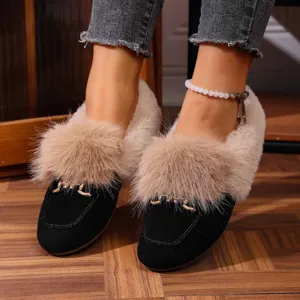 Chaussures plates d'hiver en peluche pour femmes mocassins confortables chauds noirs