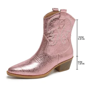 Bottes de cowboy western rose métallisé avec bout pointu et talon épais pour femmes