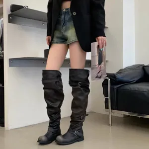 Retro buckle slouch boots for women, over-the-knee chunky heel long boots with folds.