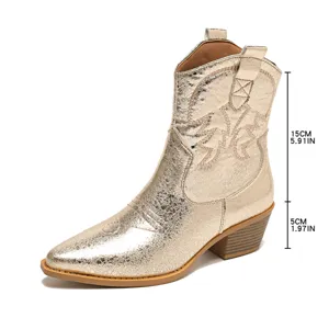Bottes de cowboy occidentales métalliques dorées pour femmes, bout pointu talon bloc.