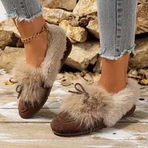 Women winter plush warm flat shoes brown slip-on fluffy fur casual footwear daily wear