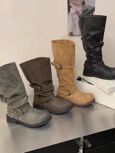 Retro buckle slouchy tall boots for women, chunky heel round toe pleated design footwear.