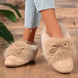 Women's winter warm plush furry slip-on shoes casual flat cotton mule with cute bow.