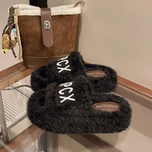 Pantofole soffici con suola spessa inverno donna, scarpe calde ricamate con lettere.
