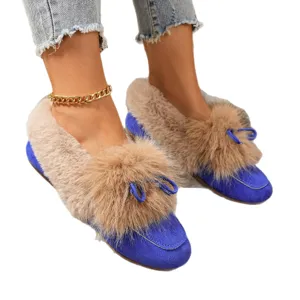 Women winter plush fuzzy flat shoes warm fleece lined slip on casual cotton shoes fur ball