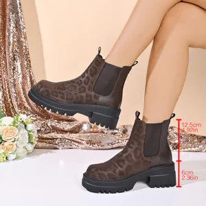 Retro leopard print Chelsea boots for women, thick sole height increasing short boots autumn.