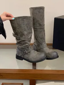 Vintage grey buckle slouchy long boots for women, casual round toe chunky heel footwear.