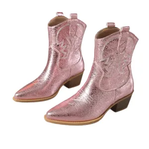 Bottes de cowboy western métalliques pour femmes bout pointu talon épais bottes courtes cuir
