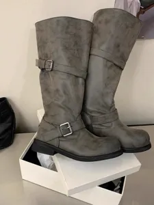 Women vintage buckle slouchy long boots mid-calf round toe chunky heel winter fashion