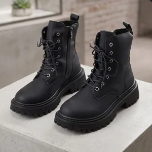 Schwarze Damen Springerstiefel Plateau Schnürung Reißverschluss kurze Stiefel Schuhe