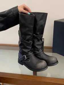Vintage distressed buckle slouchy long boots for women, round toe chunky heel knee high boots.