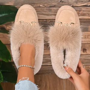Femmes Beige Fausse Fourrure Doublée Slip-On Mocassins Hiver Chaud Chaussures Plates
