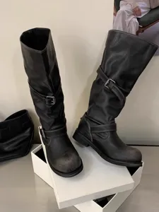 Retro buckle slouchy boots, women's black mid-calf chunky heel boots with stylish pleats.