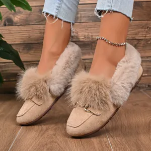 Mocassins d'hiver en peluche moelleuse chaussures plates chaudes avec fausse fourrure et boucle