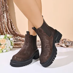Retro leopard print Chelsea boots for women, chunky platform shoes with floral embroidery.