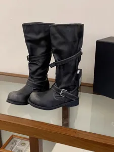 Vintage buckle slouch boots for women, casual knee high boots with chunky block heels.