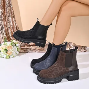 Retro leopard print Chelsea boots for women, thick sole platform short boots, stylish footwear.
