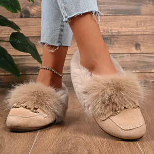 Chaussures plates femme hiver en fausse fourrure douce avec chaîne, mules confortables.
