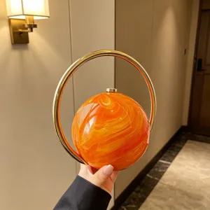 2025 New Spherical Evening Bag Luxury Gold Ring Handle Orange Marble Clutch Purse Chic Handbag