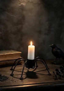 Detailed view of the creative spider-shaped metal candle holder with a burning white candle.