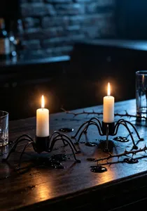 Detail shot of creative black metal spider candle holders on dark wooden table with burning candles.