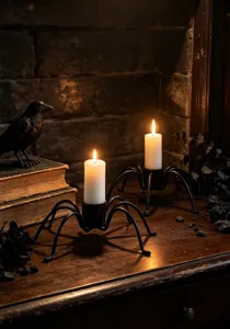Detailed view of creative spider shaped metal candle holder in dark gothic style for decor.