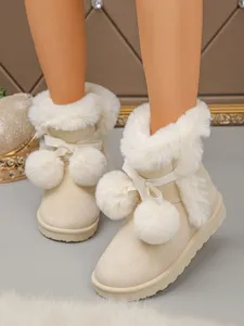 Plush lined short snow boots for women with cute bow and pom-pom decor, thick sole warm cotton shoes