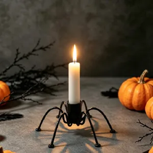 Halloween spider metal candle holder with white candle for holiday home decor main view