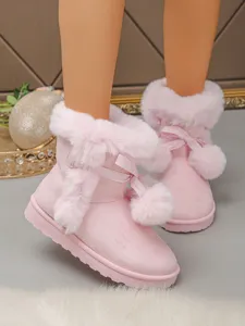 Pink furry short snow boots for women with cute bow and pom-pom decor thick sole winter