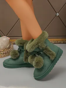Women dark green winter snow boots short plush fur ball bow thick platform warm shoes