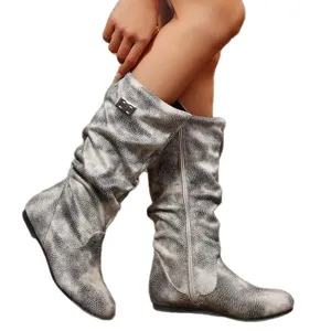 Vintage retro mid-calf botes gia gynaikes, flat stroggyli myti casual ippasias stivali.