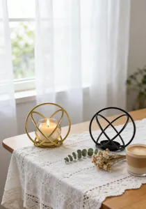 Minimalistischer geometrischer Metall Teelichthalter Detailansicht, nordische Deko.
