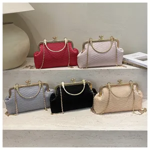 Pleated evening bag women's metal frame chain crossbody clutch, elegant ladies fashion purse.