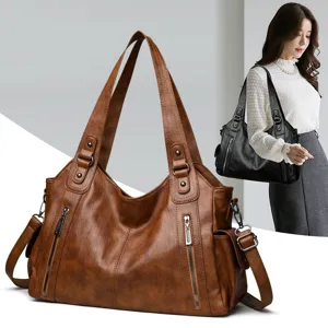 Retro vintage faux leather tote bag, stylish shoulder handbag for daily commuter use.