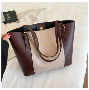 Two-tone large capacity tote bag for women, stylish PU leather shoulder handbag, casual.